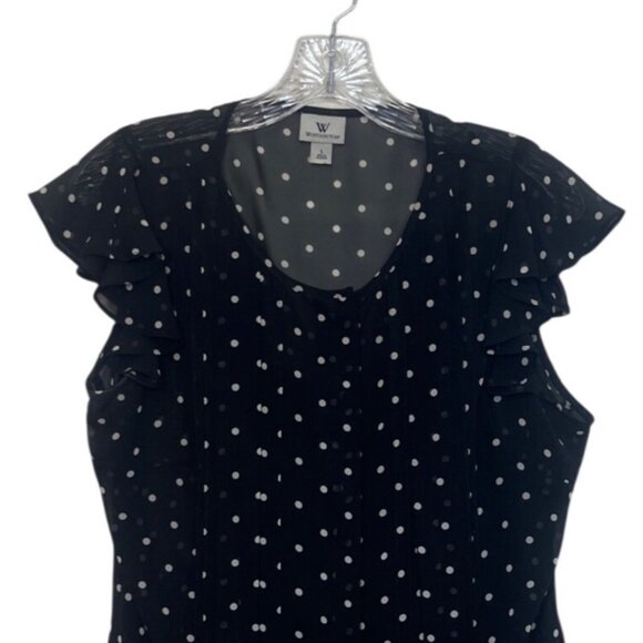 Worthington Polka Dot Ruffle Sleeve Blouse Womens Large Black White Sheer Lined - Picture 3 of 9